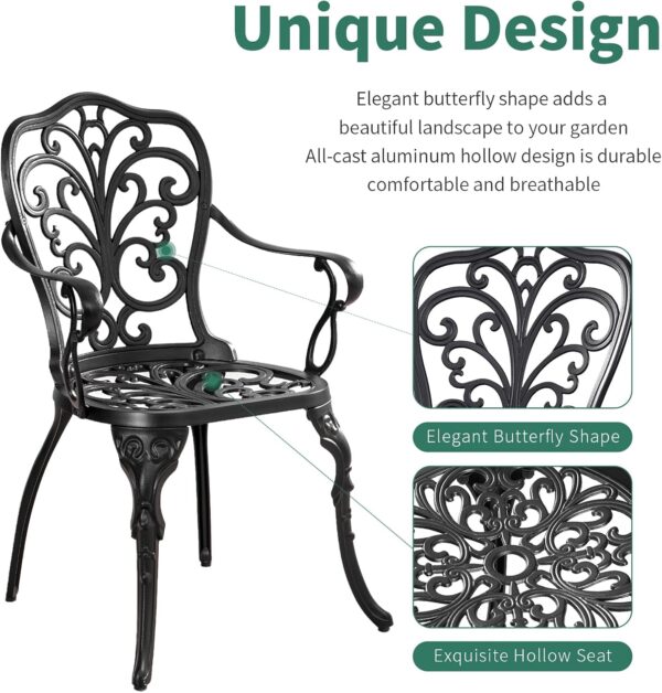 Bistro Table and Chairs Set of 2 with Umbrella Hole,Cast Aluminum Patio Bistro Sets 3 Piece,Outdoor Bistro Table Set,Patio Furniture Set for Front Porch Set,Garden(Butterfly Black) - Image 2