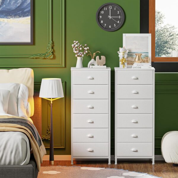Furnulem White Tall Dresser for Bedroom,Vertical Storage Tower Unit and End Table with 6 Drawers, Nightstand Furniture with Fabric Drawer Organizer in Living Room,Closet,Entryway,Hallyway - Image 2