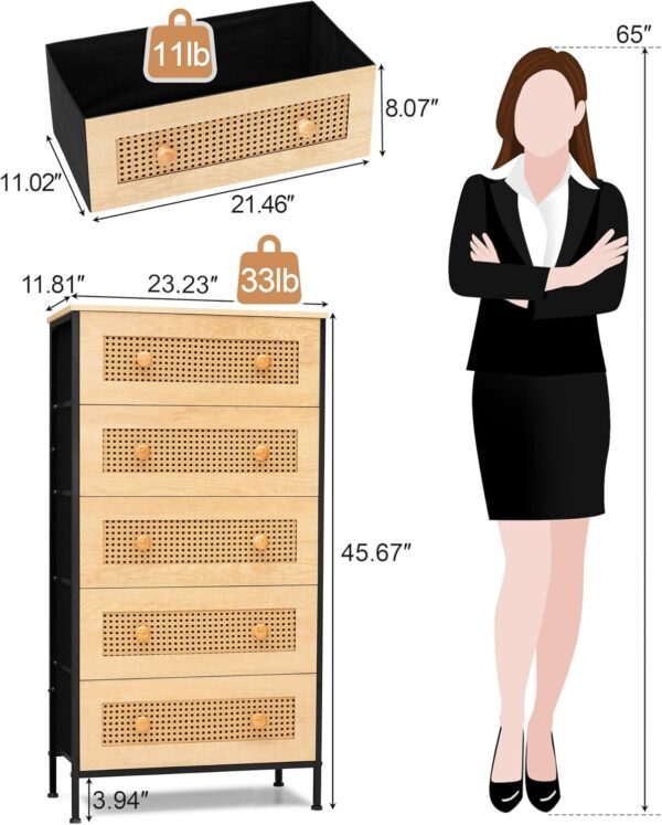 Crestlive Products Rattan Dresser Storage Tower, Tall Fabric Dresser, Chests of Drawers, Wood Top &Wood Handles - Organizer Unit for Bedroom, Hallway, Entryway, Closets - 5 Drawers (Natural) - Image 2