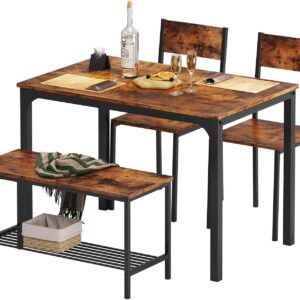 soges 4 Person Dining Table Set, 43.3inch Kitchen Table Set for 4, Dining Room 2 Chairs with Backrest, 2-Person Bench with Storage Rack, Vintage Brown