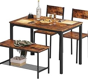 soges 4 Person Dining Table Set, 43.3inch Kitchen Table Set for 4, Dining Room 2 Chairs with Backrest, 2-Person Bench with Storage Rack, Vintage Brown