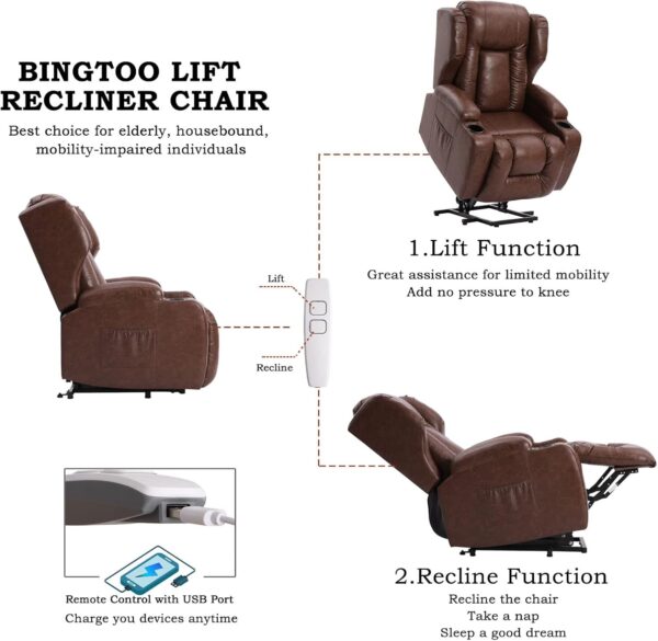 BINGTOO Power Lift Recliner Chair with Massage and Heat for Elderly, Leather Electric Recliner Heated Vibration Massage Sofa Living Room Chair with Cupholder, USB Port, Remote Control, Side Pockets - Image 5