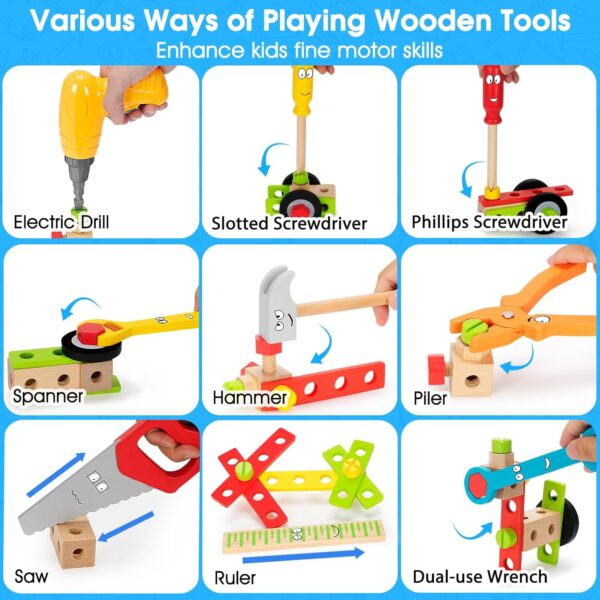 Kids Tool Set Toy with Drill, Stem Montessori Toys for 3 4 5 Years Old Boy Girl, 44 Pcs Wooden Toddler Tool Kits Inc Box, Learning Educational Construction Toy - Image 3