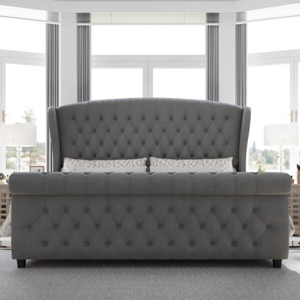 AMERLIFE Queen Size Platform Bed Frame, Velvet Upholstered Sleigh Bed with Scroll Wingback Headboard & Footboard/Button Tufted/No Box Spring Required/Grey - Image 3
