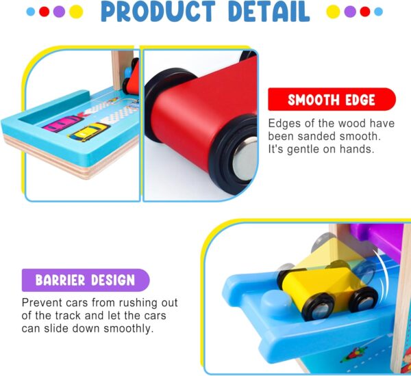 Montessori Toys for Toddlers, Children Race Track Toy with 4 Cars and 1 Wooden Parking Lot, Stable Base, Car Ramp Toy for 2 3 Year Old Boy Girl Gifts, 18 Month Old Toys for Kids - Image 4