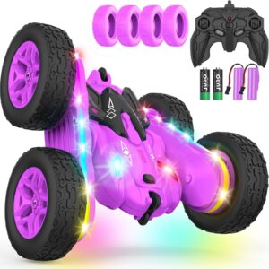 Remote Control Car, Rc Cars Stunt RC Car Toys New Upgraded Strip Lights and Headlights Car Toys Double-Sided 360° Rotating 4WD Rc Drift Truck for Boys Girls Birthday Gift (Purple)