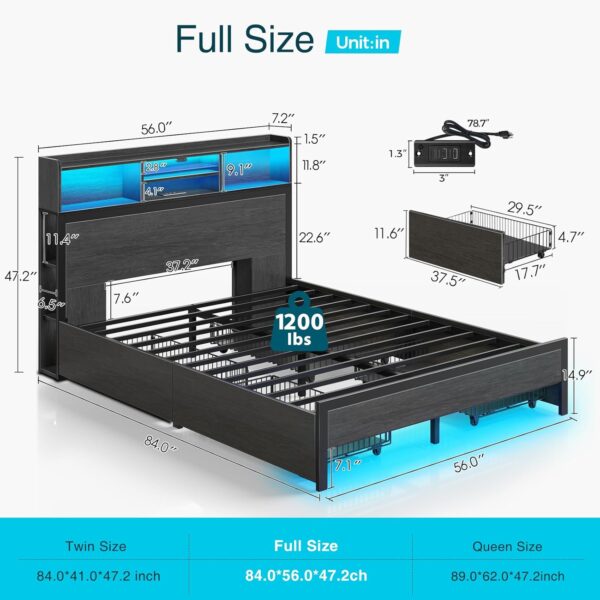 Rolanstar Full Bed Frame with Storage Headboard, Metal Platform Bed with Charging Station, LED, 4 Drawers, Bookcase Storage, No Box Spring Needed, Easy Assembly, Noise-Free, Black - Image 3