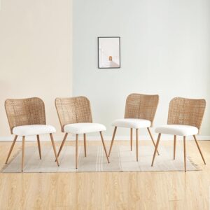 Rattan Dining Chairs Set of 4, Wicker Dining Chairs Set of 4 with Cane PE Rattan Backrest,Upholstered Boucle Fabric Dining Chairs Set of 4, Cesca Cane Dining Chairs for Bedroom, Kitchen
