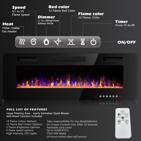 BOSSIN 60 inch Ultra-Thin Silence Linear Electric Fireplace, Recessed Wall Mounted Fireplace, Fit for 2 x 4 and 2 x 6 Stud, 12 Adjustable Flame Color & Speed,Touch Screen Remote Control with 8h Timer - Image 4