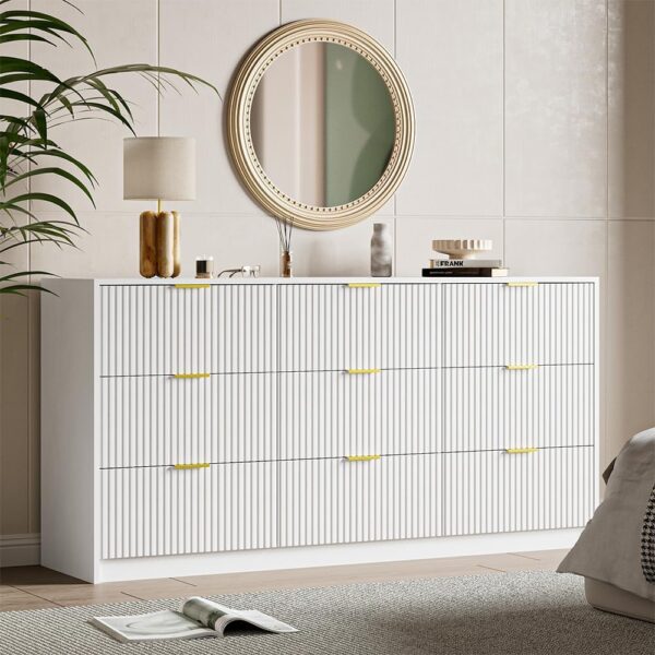63" Wide Dresser, Fluted White Dresser for Bedroom with 9 Drawers, Large Drawer Dresser with Gold Details - Image 3