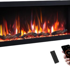 PuraFlame Bernice 42 Inch Smart Linear Electric Fireplace - Clean Hidden Vent Design, Flame with 9 Colors, Recessed in-Wall or Wall-Mount or Free Standing, Compatible with Alexa and Google Assistant