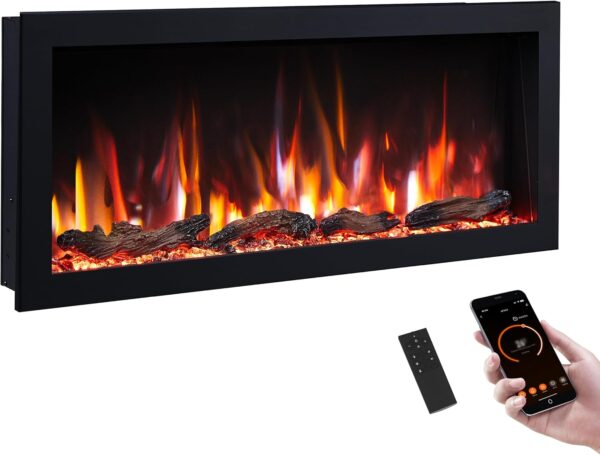 PuraFlame Bernice 42 Inch Smart Linear Electric Fireplace - Clean Hidden Vent Design, Flame with 9 Colors, Recessed in-Wall or Wall-Mount or Free Standing, Compatible with Alexa and Google Assistant