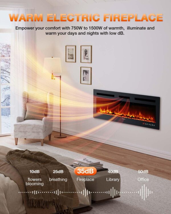 Electric Fireplace,Realistic Flame Electric Fireplace Heater,Log Set/Crystal Flames 750-1500W with Timer Inserts/Wall Mounted/TV Stand Touch Screen & Remote (50 Inch) - Image 5