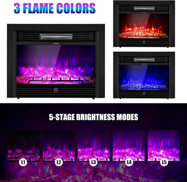 COSTWAY 28.5-Inch Electric Fireplace Inserts, 750W/1500W Wall Recessed and Freestanding Fireplace with 3 Flame Colors, 5 Brightness Settings, 8H Timer, Remote Control, Heater for Indoor Use - Image 6