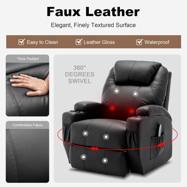 Recliner Chair, Rocking Chair with Massage and Heat, 360° Swivel Recliner Chairs for Adults, Rocker Manual Recliner with Remote Control and Cup Holder for Living Room, Bedroom, Nursery - Image 3
