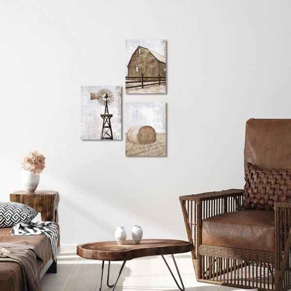 HOMEOART Farmhouse Wall Art Rustic Barn Windmill Cornfield Pictures Countryside Rural Landscape Painting Canvas Artwork Stretched and Framed Ready to Hang Home Decor 12"x16"x3 Pieces - Image 3