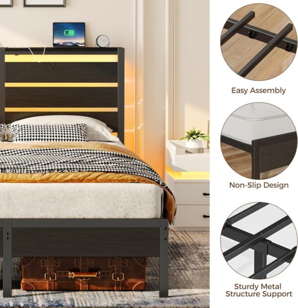 Rolanstar Bed Frame Twin Size with USB Charging Station, LED Bed Frame with Wood Storage Headboard, Black Metal Platform Bed with Under Bed Storage, No Box Spring Needed, Noise Free - Image 6