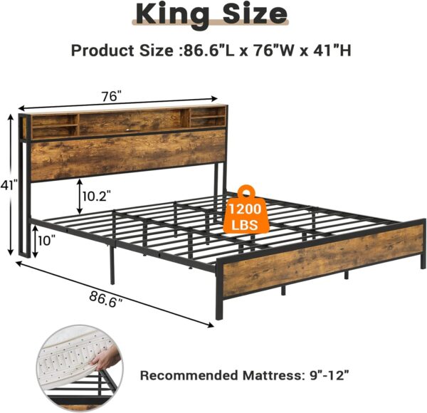 King Size Bed Frame with Storage Headboard, King Bed Frame with USB Ports & Charging Outlets, Upgraded 2-Row Support Bars, No Box Spring Needed, Vintage Brown&Black - Image 2