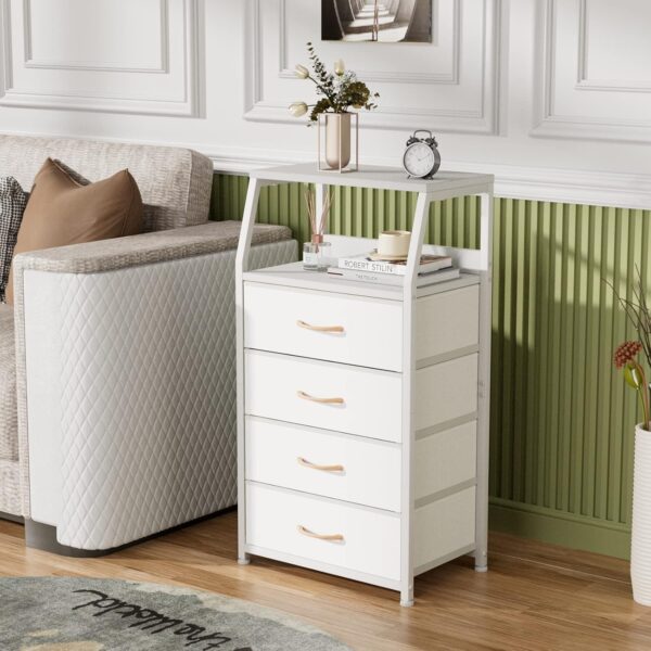 Furnulem Tall 4 Drawers Dresser, Vertical Storage Tower for Bedroom, Hallway, Entryway, Nursery, Closet Organizer, Nightstand Bedside Table Furniture, Sturdy Steel Frame, Wood Top, White - Image 2