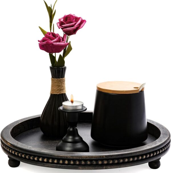 Handmade Decorative Tray for Coffee Table, Small Beaded Coffee Table Tray Decor, Black Wooden Round Serving Tray for Coffee Table, Dining Room Table Entryway and Living Room Table