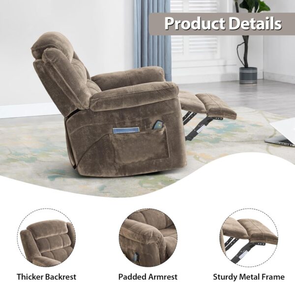 Swivel Rocker Recliner Chair with Massage and Heat, Manual Rocker Recliner Chair With Massage Vibrating for Living Room, 360° Swivel Rocker Recliner, Overstuffed Soft Fabric Heated Recliner, Grey - Image 6