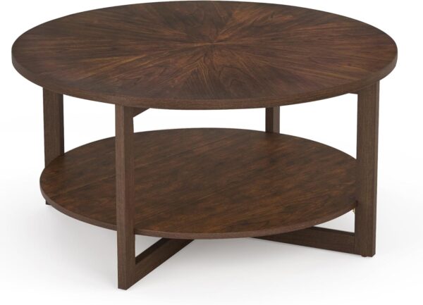 Round Coffee Table, 35" Rustic Modern Circle Coffee Tables with 2-Tier Storage Shelf, Sofa Table, Cocktail Table for Living Room, Dark Walnut - Image 3