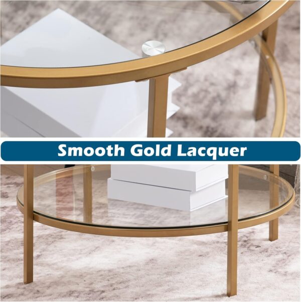 VINGLI 25.6" Round Gold Coffee Tables for Living Room, 2-Tier Glass Top Coffee Table with Storage Clear Coffee , Simple & Modern Center Table for Small Space - Image 6
