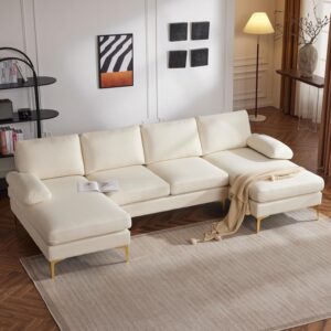 Karl home Convertible Sectional Sofa 110" U-Shape Sofa Couch 4-Seat Couch with Chaise Fabric Upholstered for Living Room, Apartment, Office, Beige
