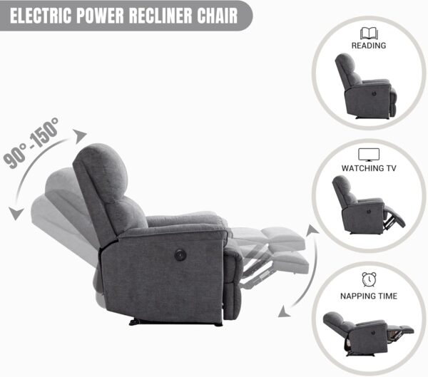 Power Recliner Chair, Electric Recliner, Breathable Fabric Single Overstuffed Recliner Sofa Chair with USB Charge Port for Elderly Living Room, Bedroom, Gray - Image 5