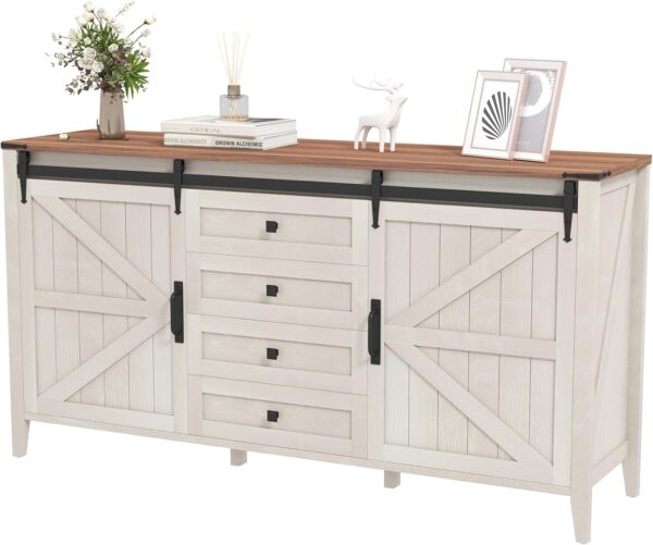 Farmhouse 4 Drawers Dresser for Bedroom with Sliding Barn Doors, 60 Inch Wide Natural Texture Wood Rustic Chest of Drawers for Living Room Bedroom Hallway Neoclassical White - Image 7