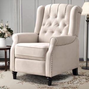 Pushback Recliner Chair, Fabric Armchair Push Back Recliner with Rivet Decoration, Mid Century Wingback Accent Chair for Living Room, Bedroom, Beige
