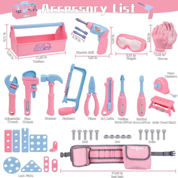 Kids Tool Set, 48PCS Toddler Tool Set with Electronic Toy Drill & Kids Tape Measure,Pretend Play Construction Toys Costume with Kids Tool Belt & Gloves,Toy Tools Box for Girl Boy Ages 3-8 - Image 5