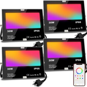 LED Flood Light Outdoor, 300W Equivalent 3000LM Smart RGB Landscape Lighting with APP Control, DIY Scenes - Timing - Warm White 2700K - Color Changing Uplight, IP66 Waterproof US Plug MELPO(4 Pack)