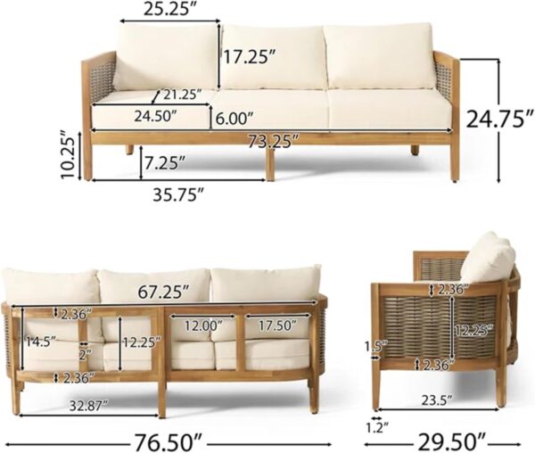 Merax Outdoor Acacia Wood Wicker 3 Seater Sofa, Patio Furniture Conversation Set for Backyard - Image 2