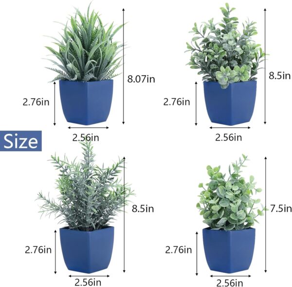 summer flower Set of 4 Fake Plants in Pot,Small Artificial Eucalyptus Potted Plant,Mini Wheat Grass，Ferns Faux Plants Greenery for Home Indoor Office Table Bathroom Farmhouse Decoration (Blue) - Image 2