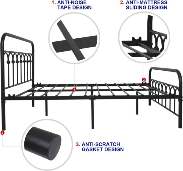 TUSEER Metal Bed Frame Full Size with Vintage Headboard and Footboard Platform Base Wrought Iron (Black) - Image 5