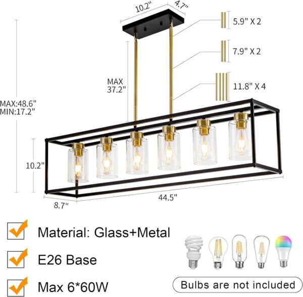 6 Lights Modern Dining Room Light Fixtures Over Table Black & Brushed Brass Gold Farmhouse Chandelier Rectangular Pendent Lighting for Kitchen with Glass Shade Long Linear Industry Hanging Light - Image 3
