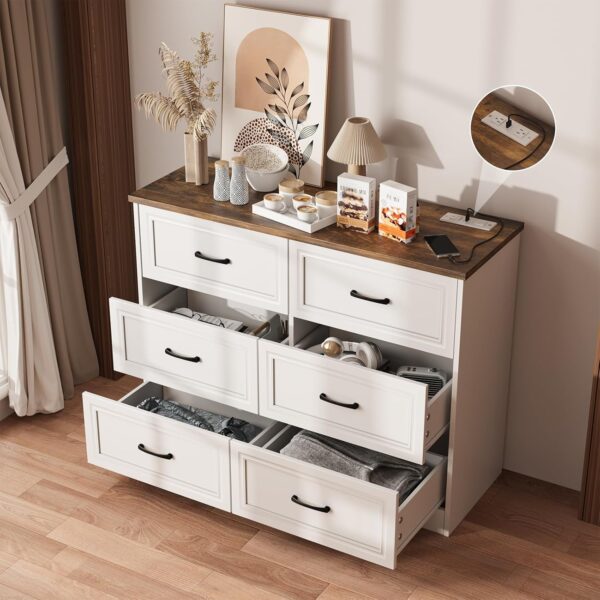 Fameill Dresser for Bedroom, 6 Drawer Wide Dresser Organizer with Charging Station, Tall Dresser for Hallway, Wood Dresser with Metal Handles, Farmhouse