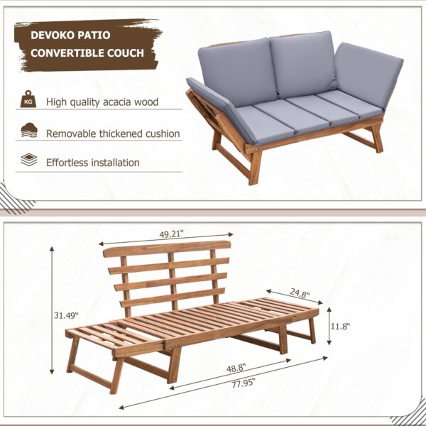 Devoko Outdoor Couch Acacia Wood Patio Couch with Adjustable Armrests,Outdoor Convertible Sofa with Removable Cushions&Pillows for Patio, Porch, Poolside(Grey) - Image 3