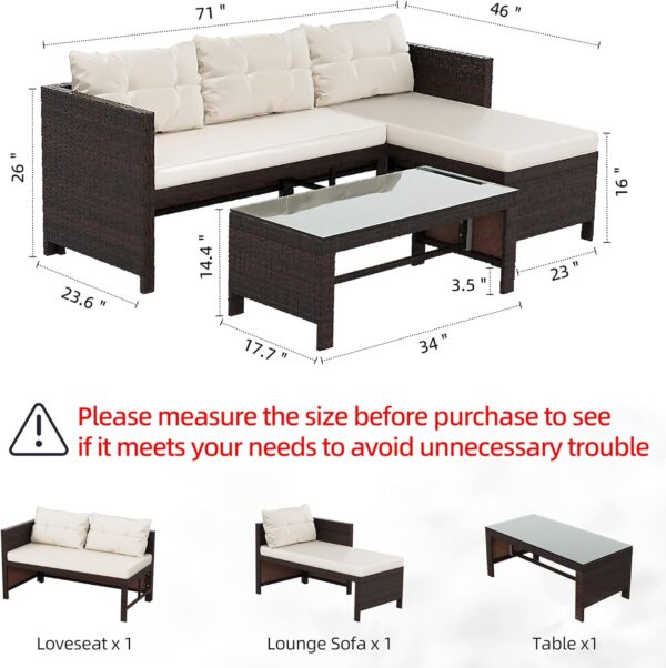 Shintenchi Outdoor Patio Furniture Sets, Wicker Patio sectional Sets 3-Piece, All Weather Wicker Rattan Patio Seating Sofas with Glass Coffee Table and Cushion (Beige) - Image 6