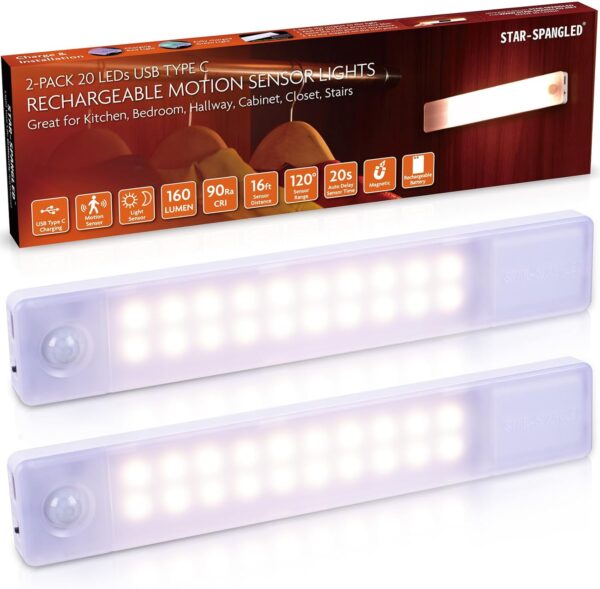 STAR-SPANGLED 8” Under Cabinet Lighting Rechargeable, Motion Sensor Lights Indoor Battery Operated, USB Stick on LED Magnetic Closet Light Wireless for Counter, Stairs, Kitchen (Warm White, 2 Pack)