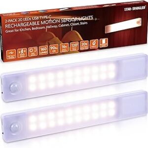STAR-SPANGLED 8” Under Cabinet Lighting Rechargeable, Motion Sensor Lights Indoor Battery Operated, USB Stick on LED Magnetic Closet Light Wireless for Counter, Stairs, Kitchen (Warm White, 2 Pack)