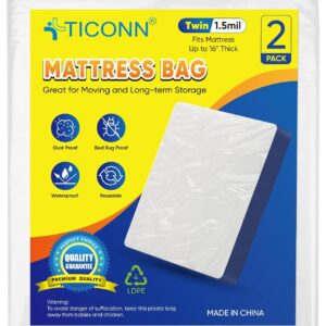 TICONN 2PK Plastic Mattress Bag for Moving Storage, Waterproof Mattress Protector Cover, Heavy-Duty Mattress Moving Supplies (1.5 mil, Twin)