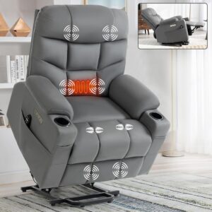 Lift Chairs Recliners for Elderly with Massage and Heating Function & Dust-Proof Mat, Power Lift Recliner Chair Sofa with USB and Type-C Ports, Extended Footrest, and 2 Cup Holders, Grey