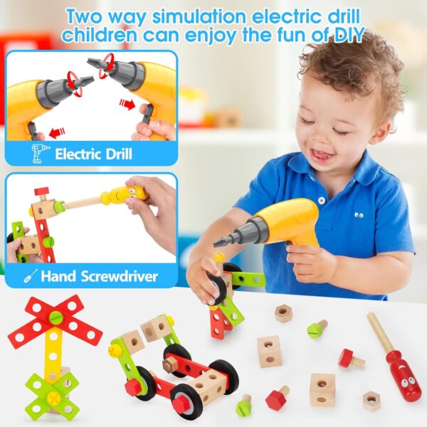 Kids Tool Set Toy with Drill, Stem Montessori Toys for 3 4 5 Years Old Boy Girl, 44 Pcs Wooden Toddler Tool Kits Inc Box, Learning Educational Construction Toy - Image 2