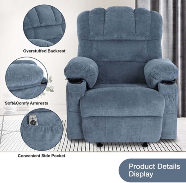 Massage Chair Recliner with Heat&USB,Comfotable Lazy Boy Recliner Chair with Cup Holder&2 Side Pockets,Manual Recliner Chair for Adults,Bread-Shaped,Heavy Duty,Fabric (Blue) - Image 4