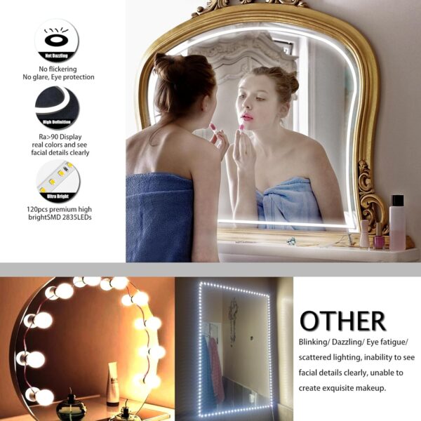 LED Vanity Mirror Lights, Hollywood Style Makeup Lights, 10FT/6000K/Dimmable/12V Adapter/Self-Adhesive Strip Lights for Mirror, Lighting for Makeup Vanity Table & Bathroom Mirror - Image 4
