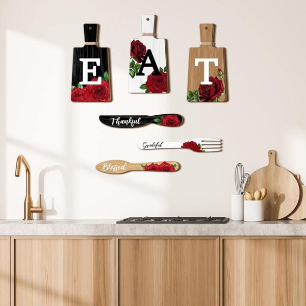 6 Pieces Cutting Board Kitchen Decor Red Rose Eat Sign Set Wooden Kitchen Knife Fork Spoon with Thankful Grateful Blessed Hanging Sign Rustic Farmhouse Wedding Wall Art for Wedding Home Decoration - Image 2