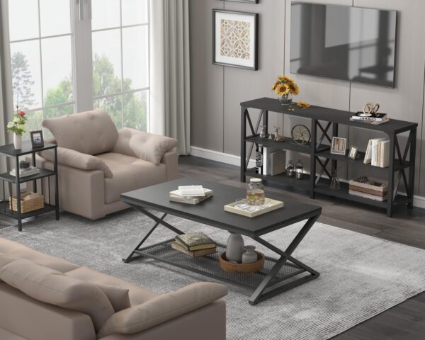 LVB Gray Coffee Table with Storage, Farmhouse Metal Wood 2 Tier Center Table for Living Room, Industrial Wooden Rectangular Concrete Tables with Mesh Shelf for Office Bedroom, 39 inch, Light Grey Oak - Image 7