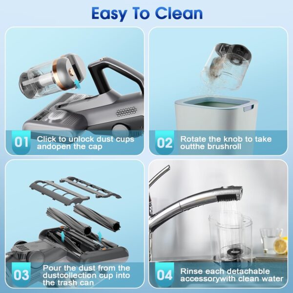 Mattress Vacuum Bed Vacuum Cleaner with 16Kpa Suction 253.7nm UV-C Light, Double-Cup Handheld Vacuums,HEPA Filter& 30000 RPM/Dual Brushroll Rotation & Ultrasonic Tech,Dual Widened Suction Port,Corded - Image 6